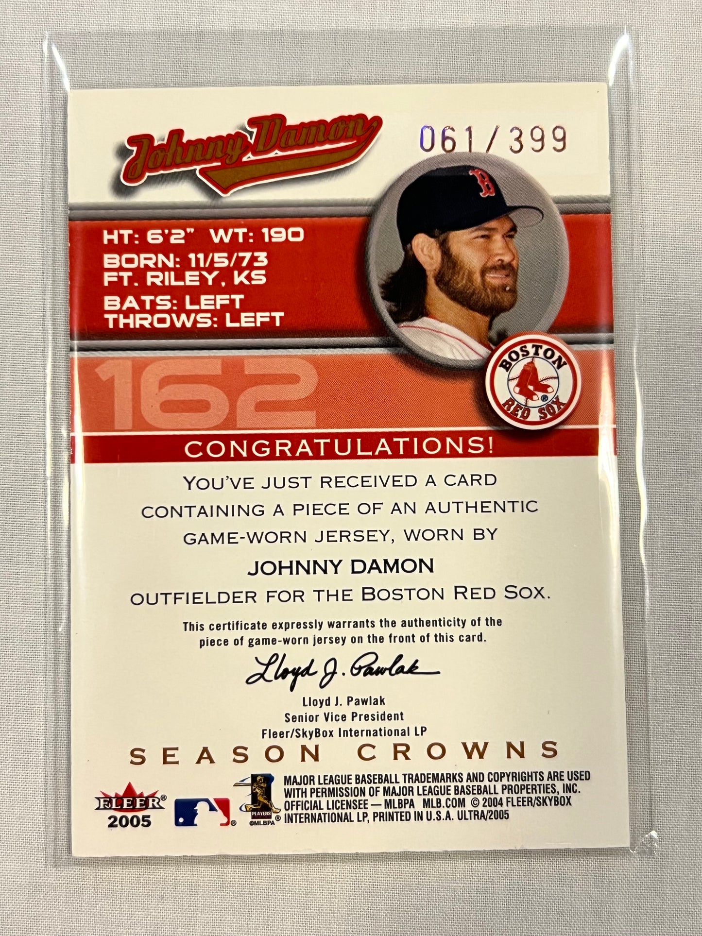 Johnny Damon Fleer Ultra Season Crowns Patch /399