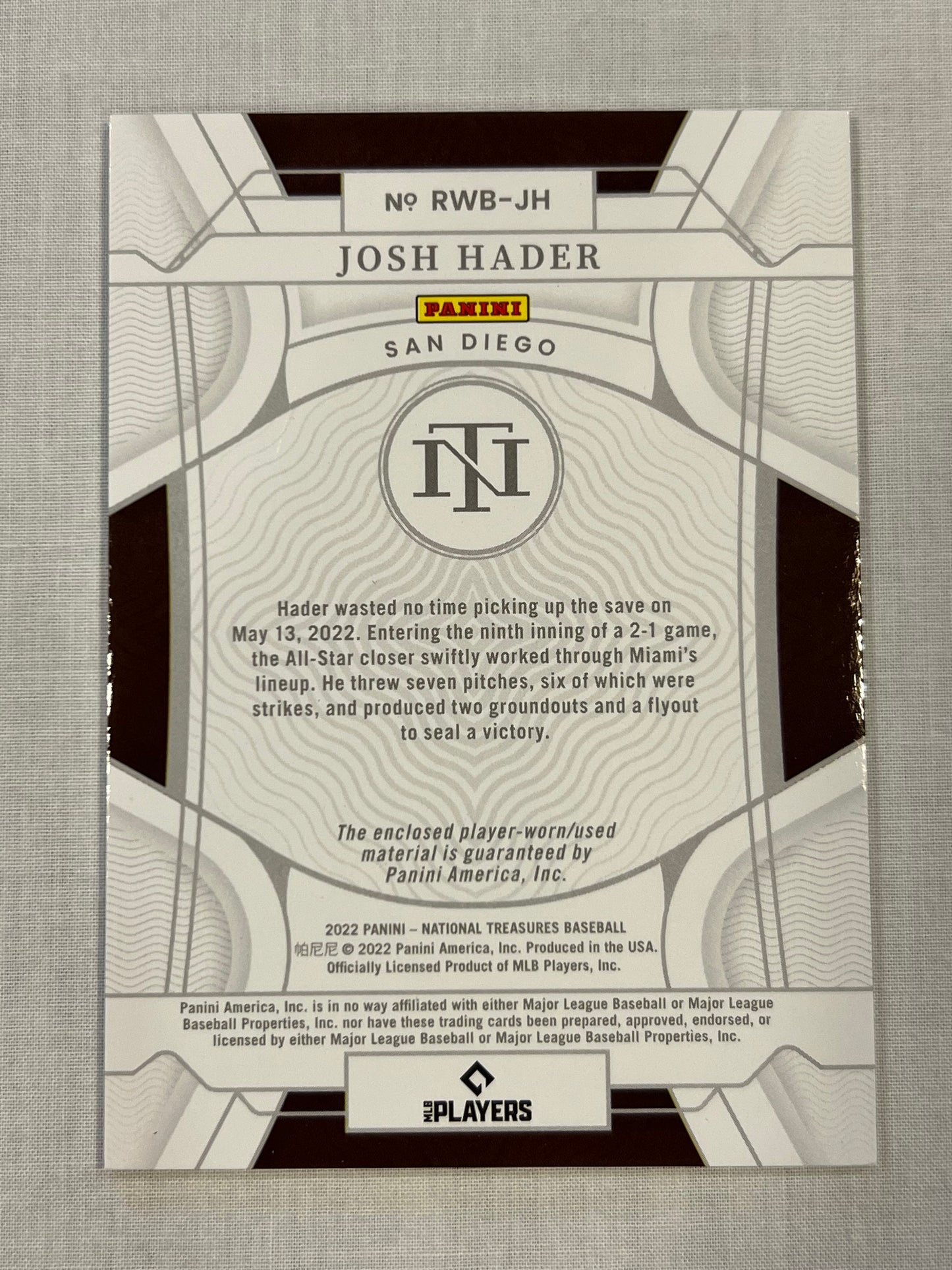 Josh Hader National Treasures USA Patch /49