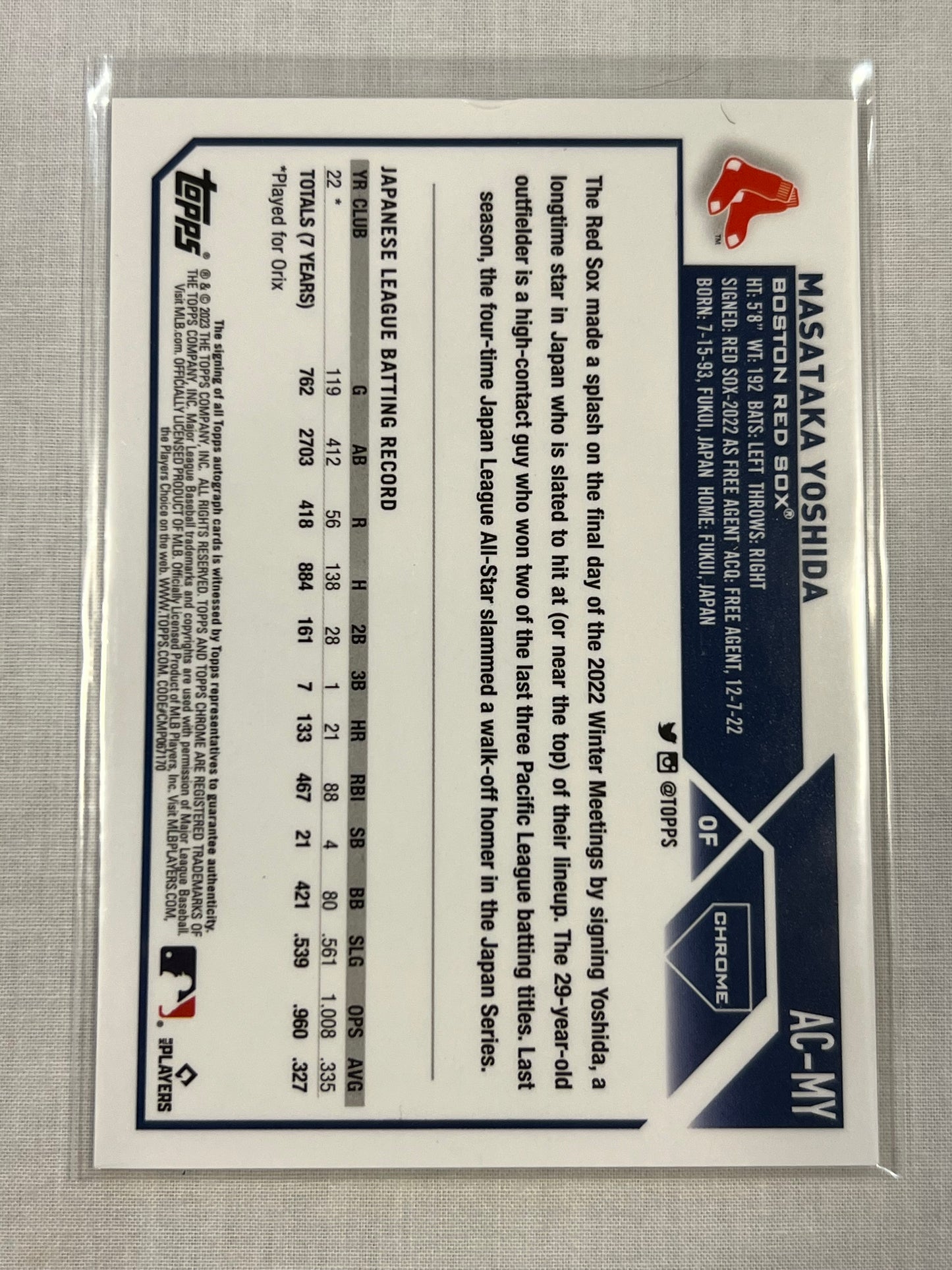 Masataka Yoshida Topps Chrome Rookie Auto