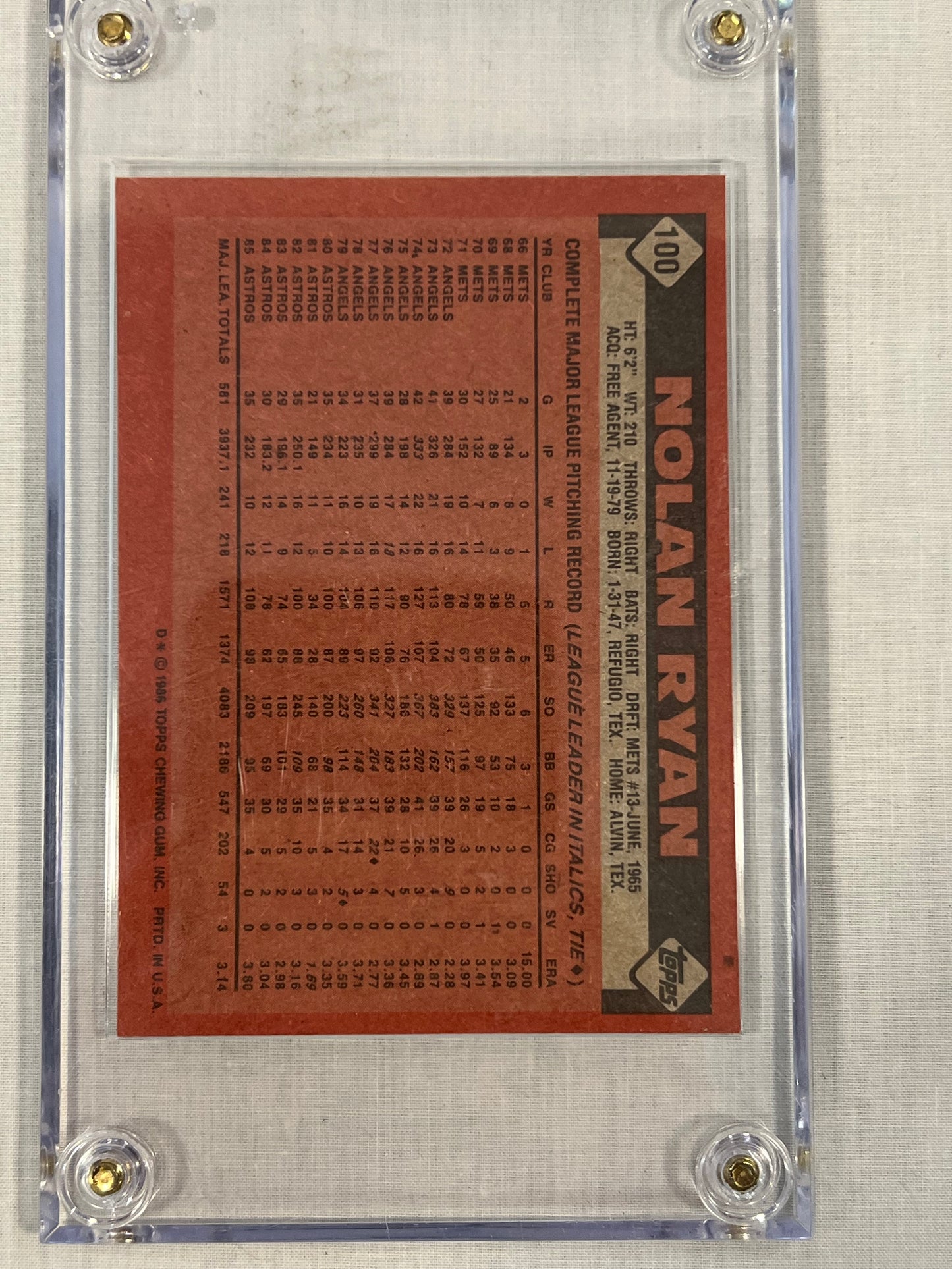 Nolan Ryan 1986 Topps HOF