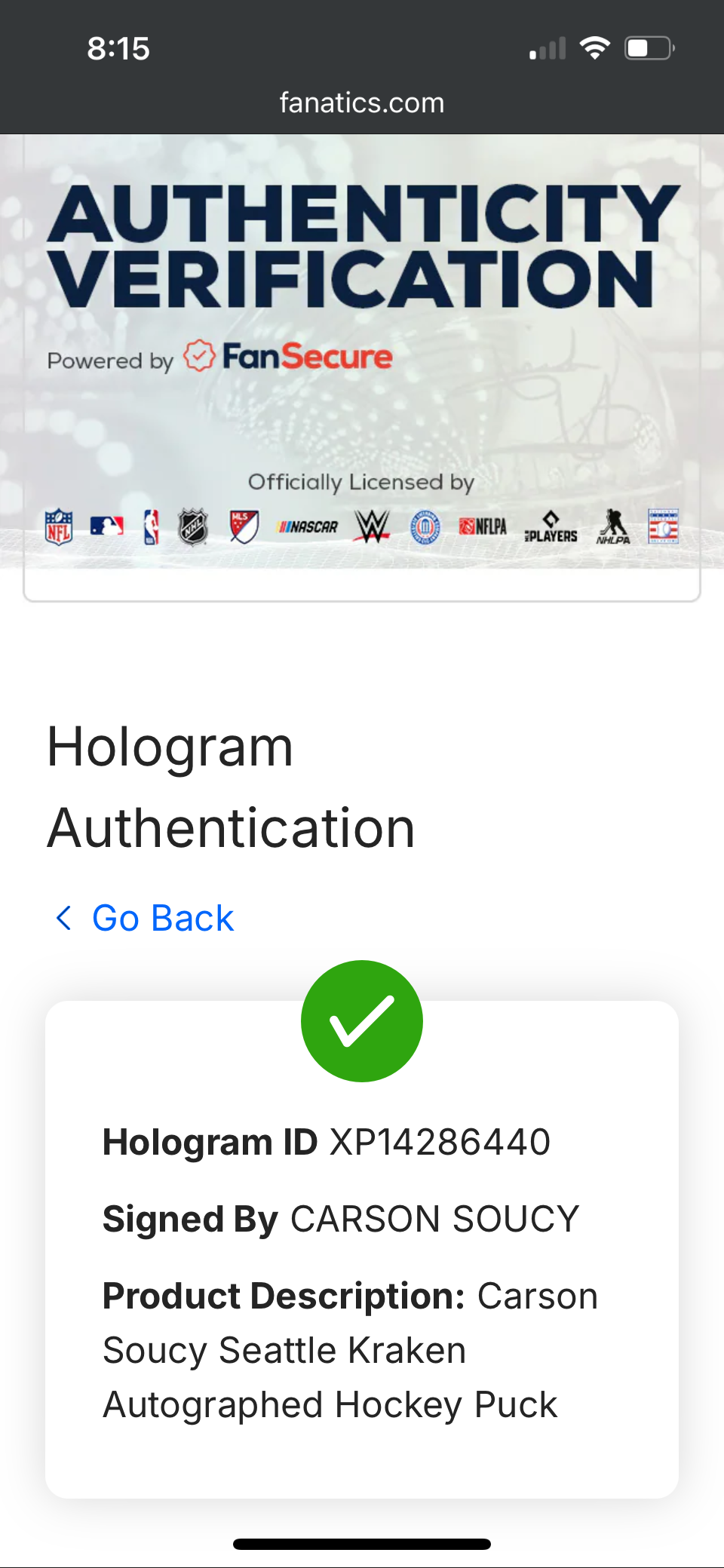 Seattle Kraken Carson Soucy Signed Puck