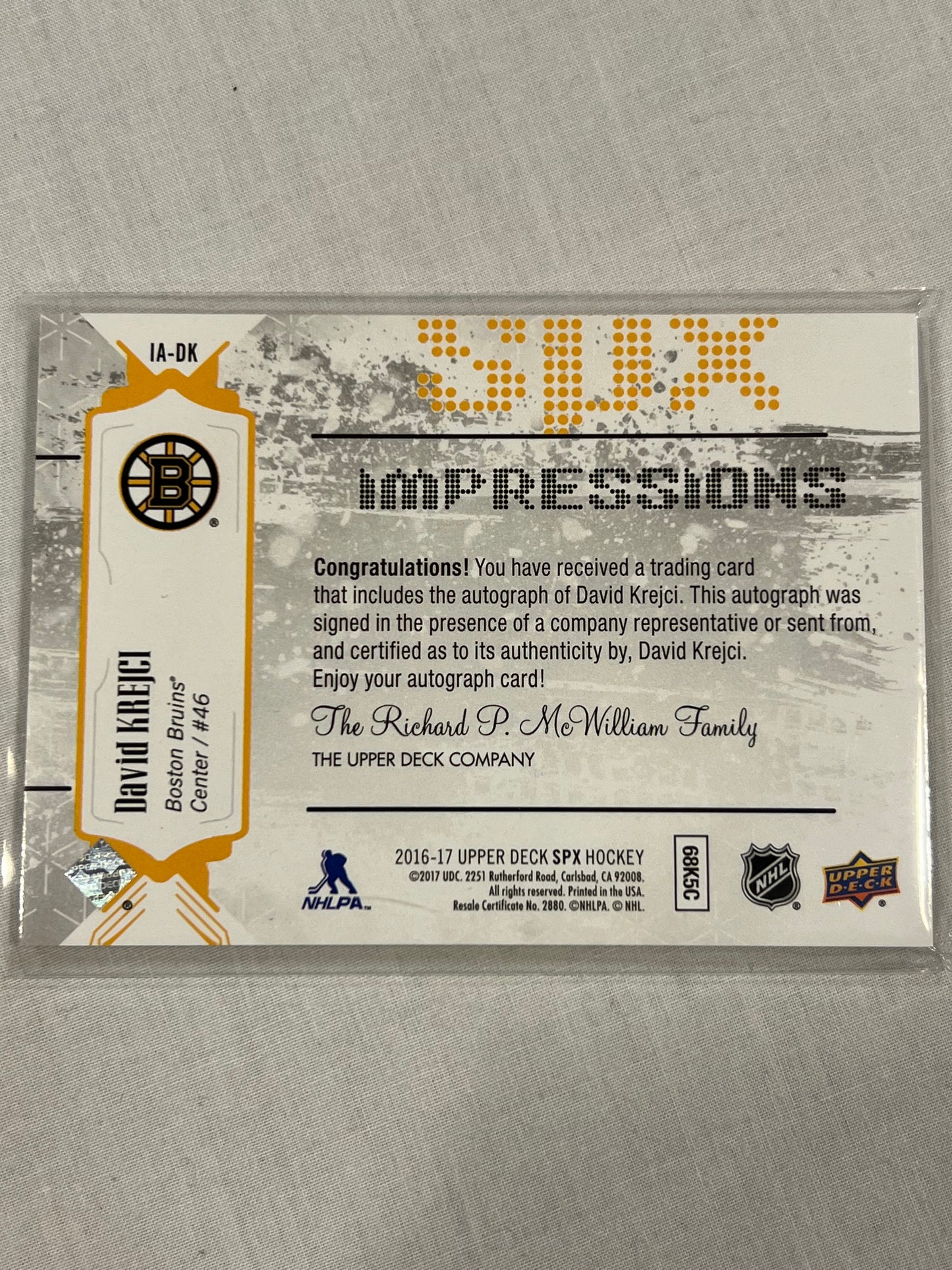 David Krejci Gold Impressions Auto /199